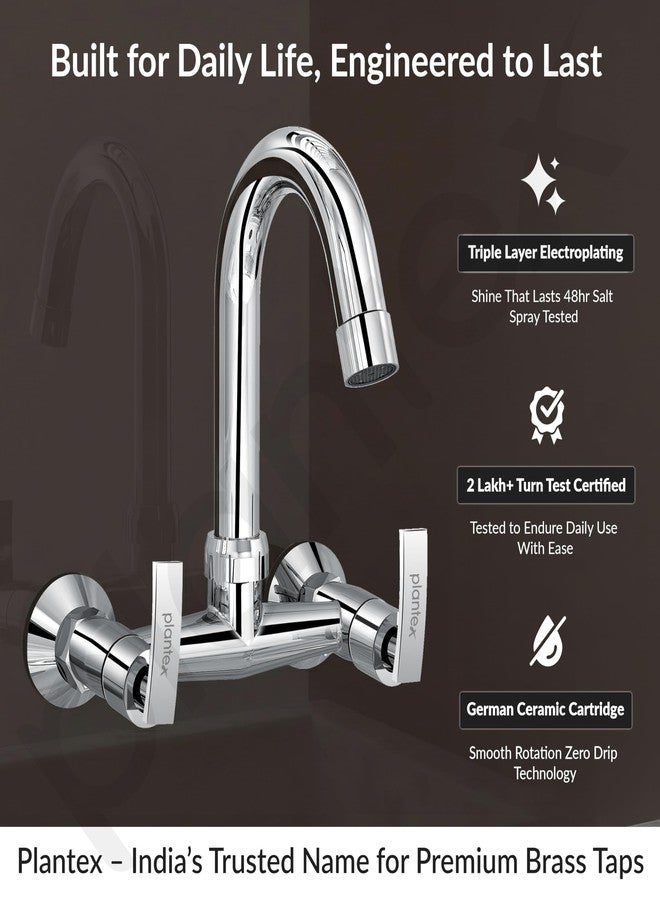 Plantex Pure Brass Sink Mixer with Double Handle Hot and Cold Water Tap for Kitchen/Bathroom Basin Faucet with Brass Wall Flange & Teflon-Tape - (COL-1014, Chrome Finish) - Image 2